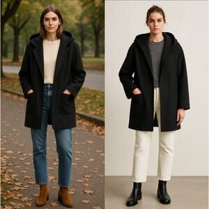 Neiman Marcus S Luxury 100% Wool Jacket Shall Collar Oversized Coat Hood Black